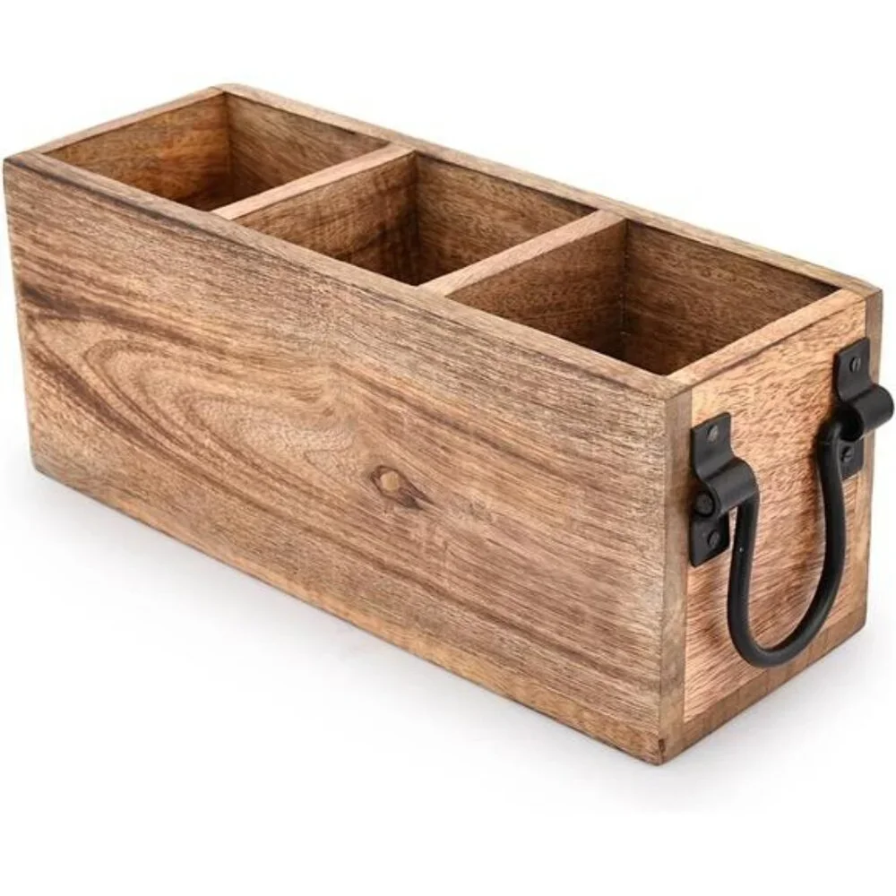 Mango wood cutlery holder utensil caddy kitchen countertop organizer rustic tray